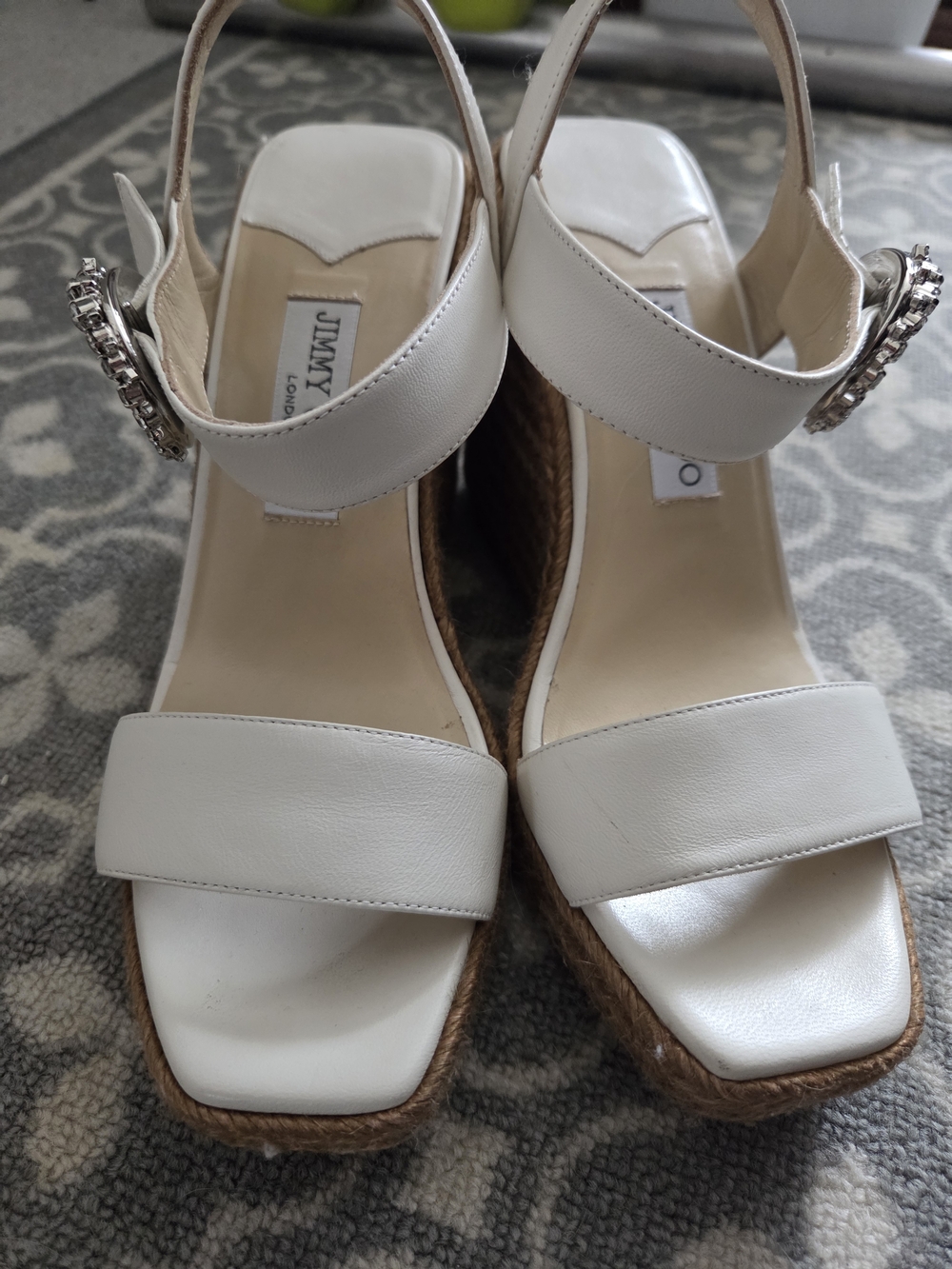 Swarovski Crystal Accent Jimmy Choo White Leather Wedge Sandals